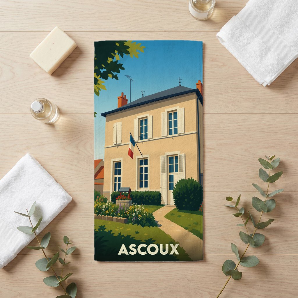 Serviette de bain souvenir de la ville d'Ascoux avec une illustration stylisée de la mairie.