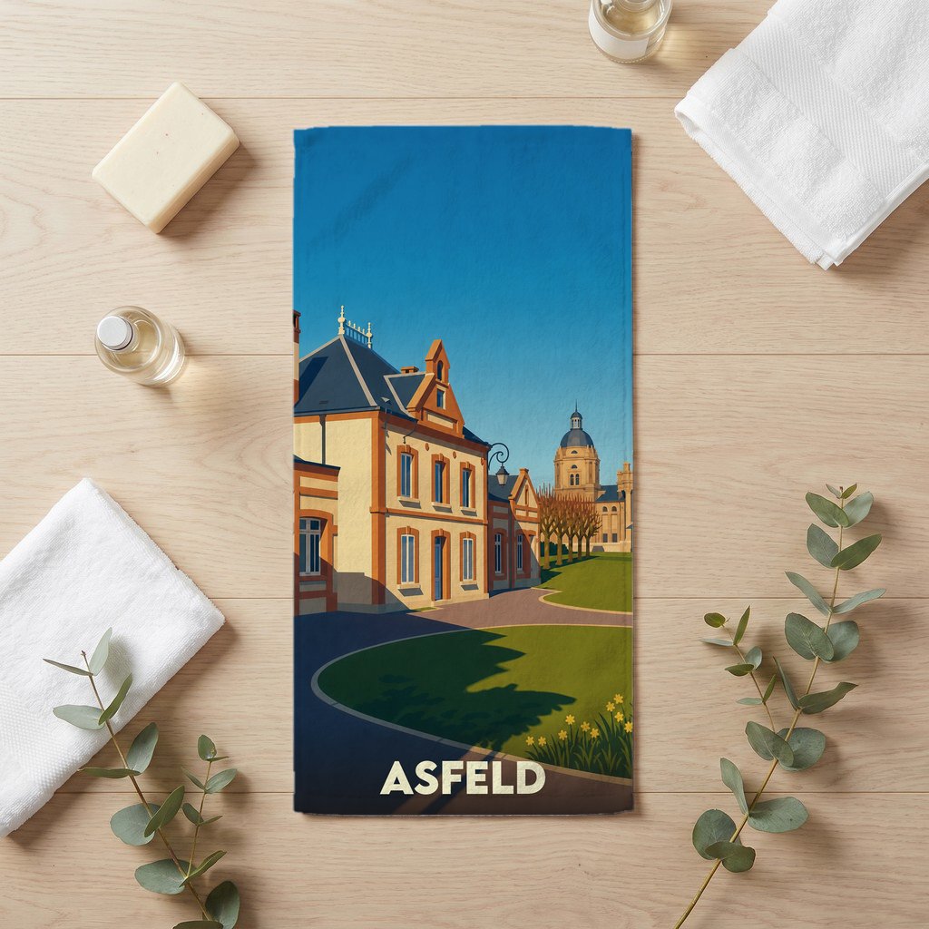 Serviette de bain souvenir de la ville de Asfeld avec une illustration architecturale stylisée.