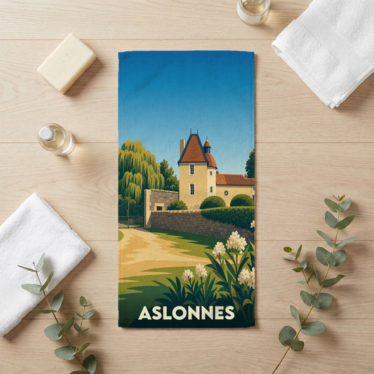 Serviette de bain souvenir de la ville de Aslonnes avec une illustration stylisée d'un manoir.