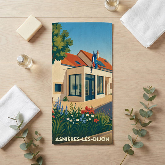 Serviette de bain souvenir de la ville d'Asnières-lès-Dijon avec une illustration stylisée de la mairie.
