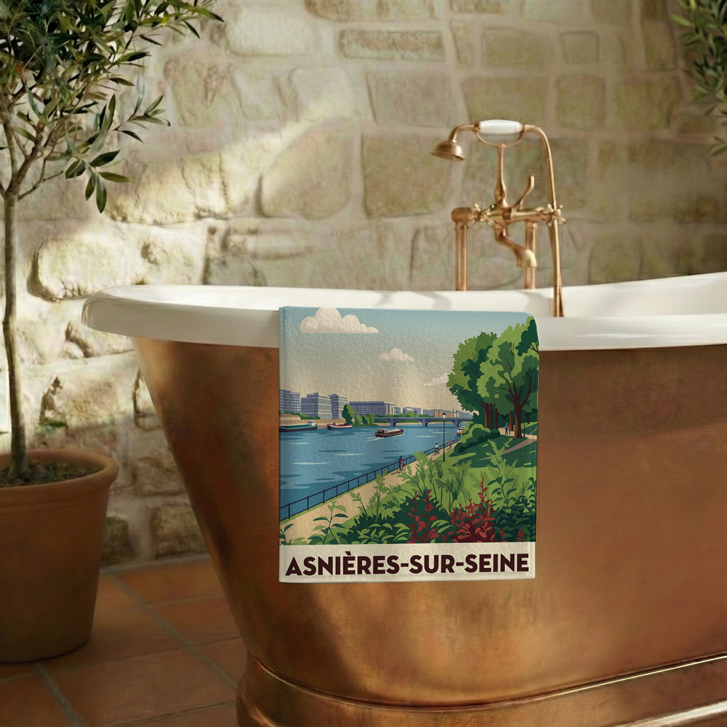Serviette de bain souvenir de la ville d'Asnières-sur-Seine avec une illustration stylisée des bords de Seine.