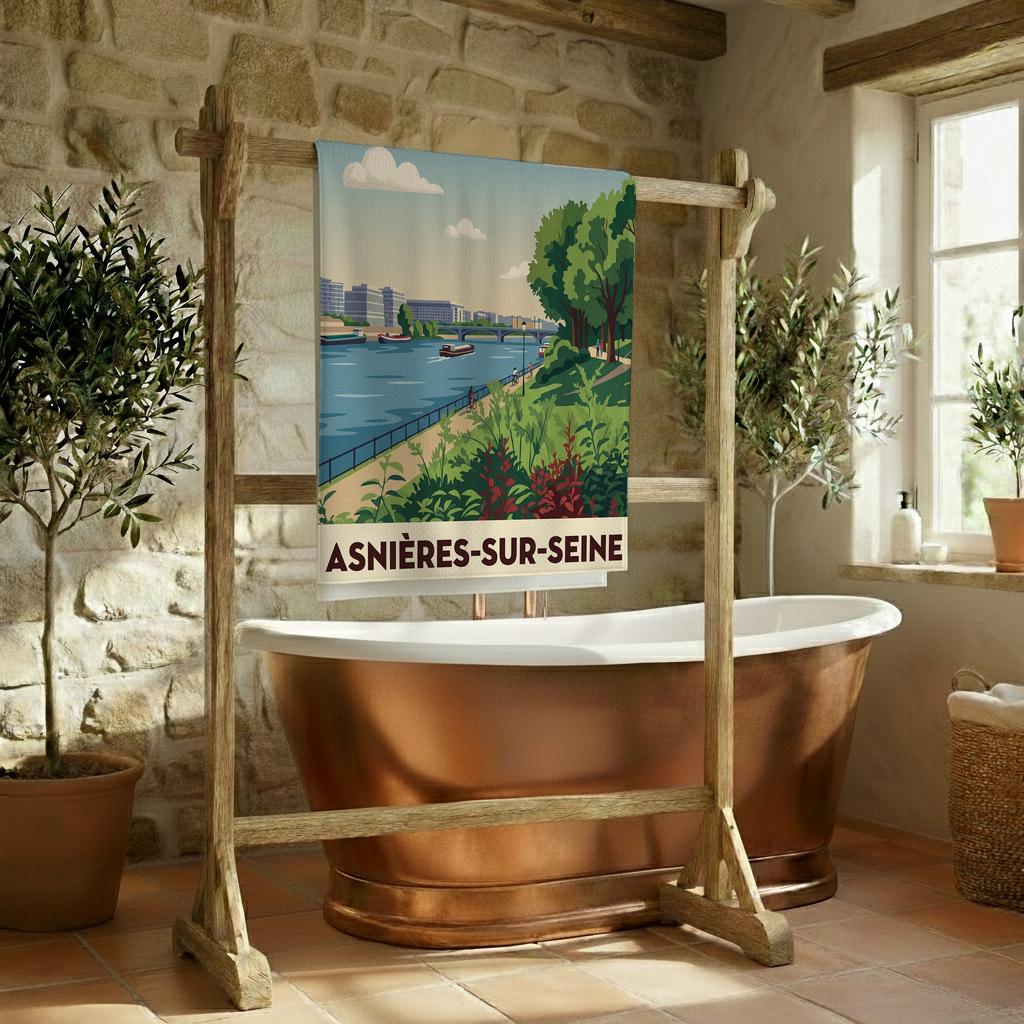 Serviette de bain souvenir de la ville de Asnières-sur-Seine avec une illustration stylisée.