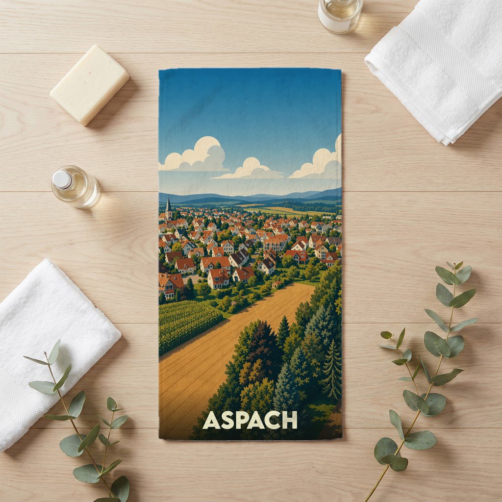 Serviette de bain souvenir de la ville d'Aspach avec une illustration stylisée de son paysage urbain et rural.