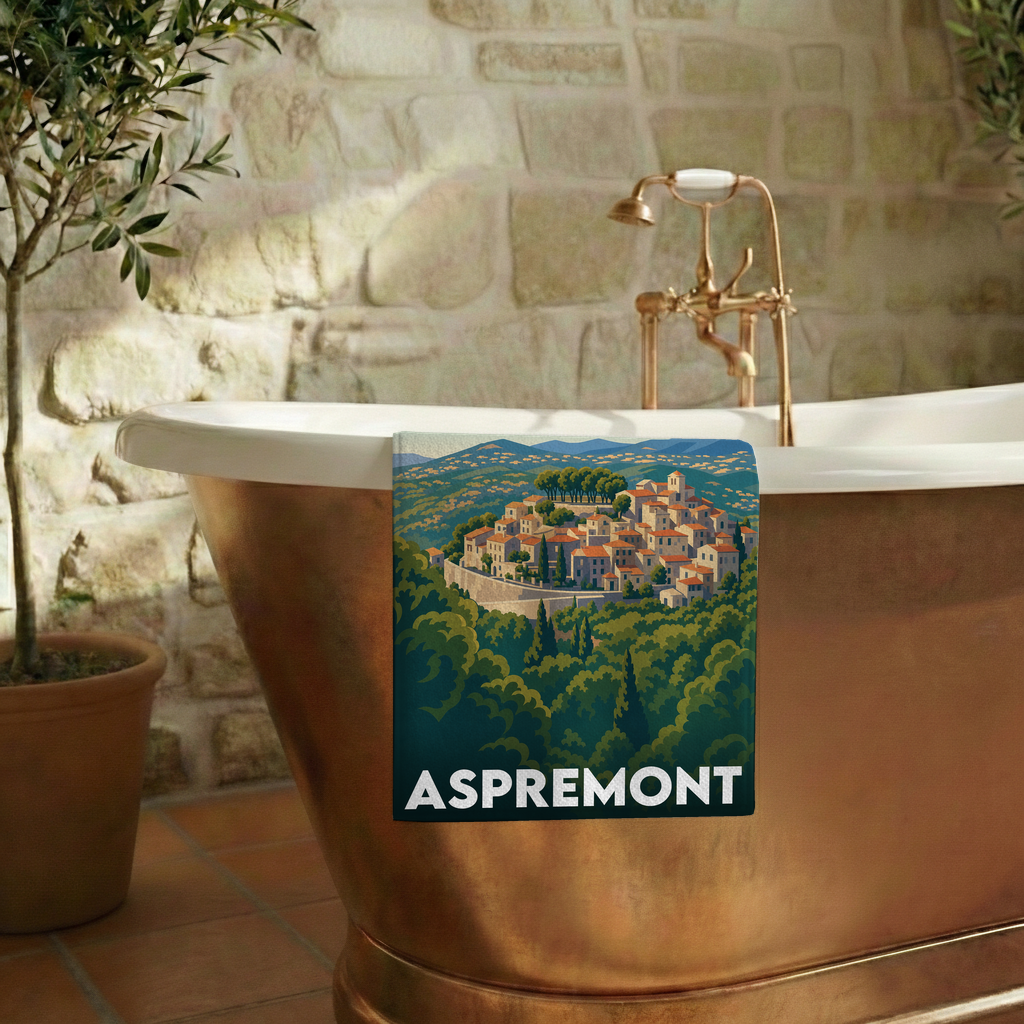 Serviette de bain souvenir de la ville d'Aspremont avec une illustration stylisée.