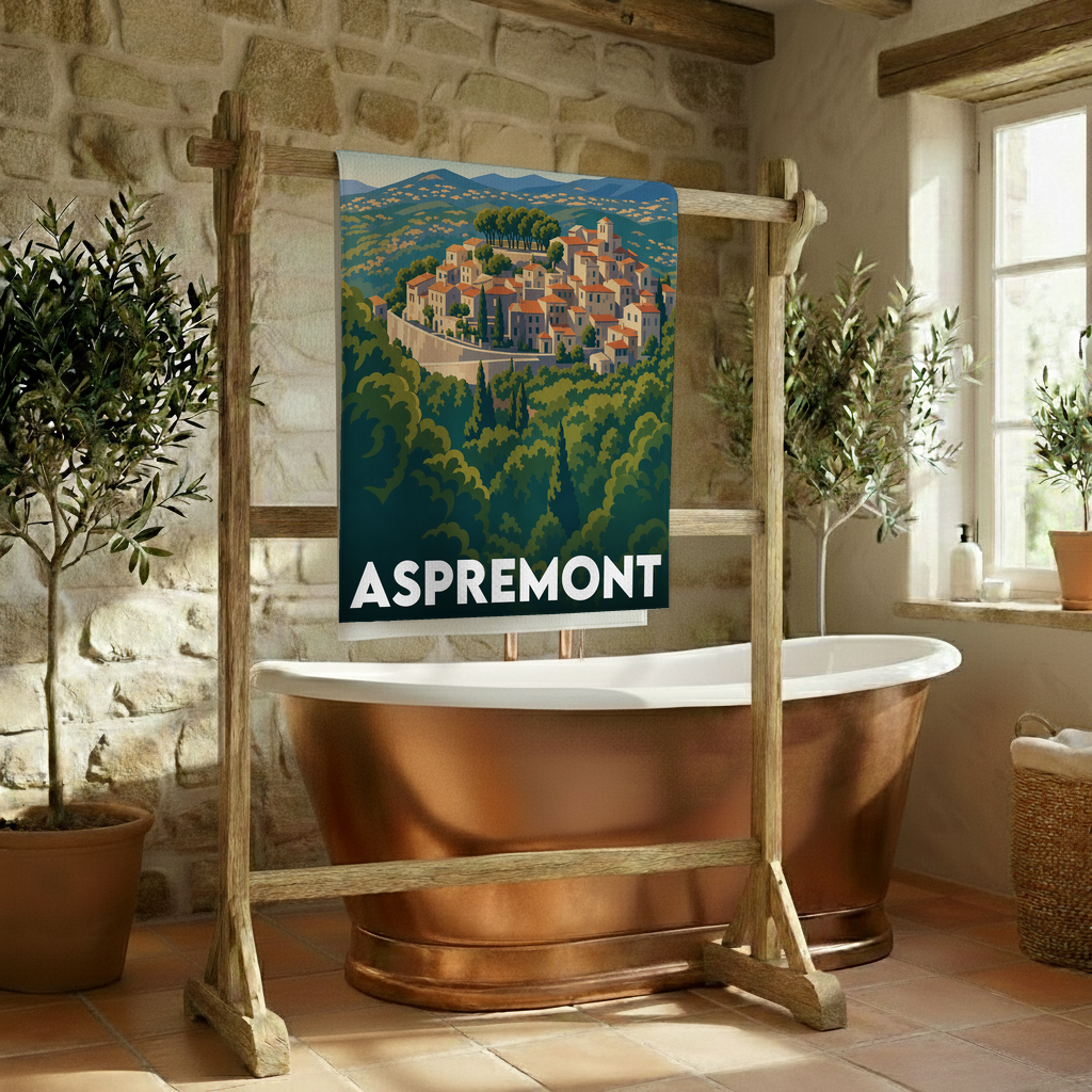 Serviette de bain souvenir de la ville d'Aspremont avec une illustration stylisée de son village perché.