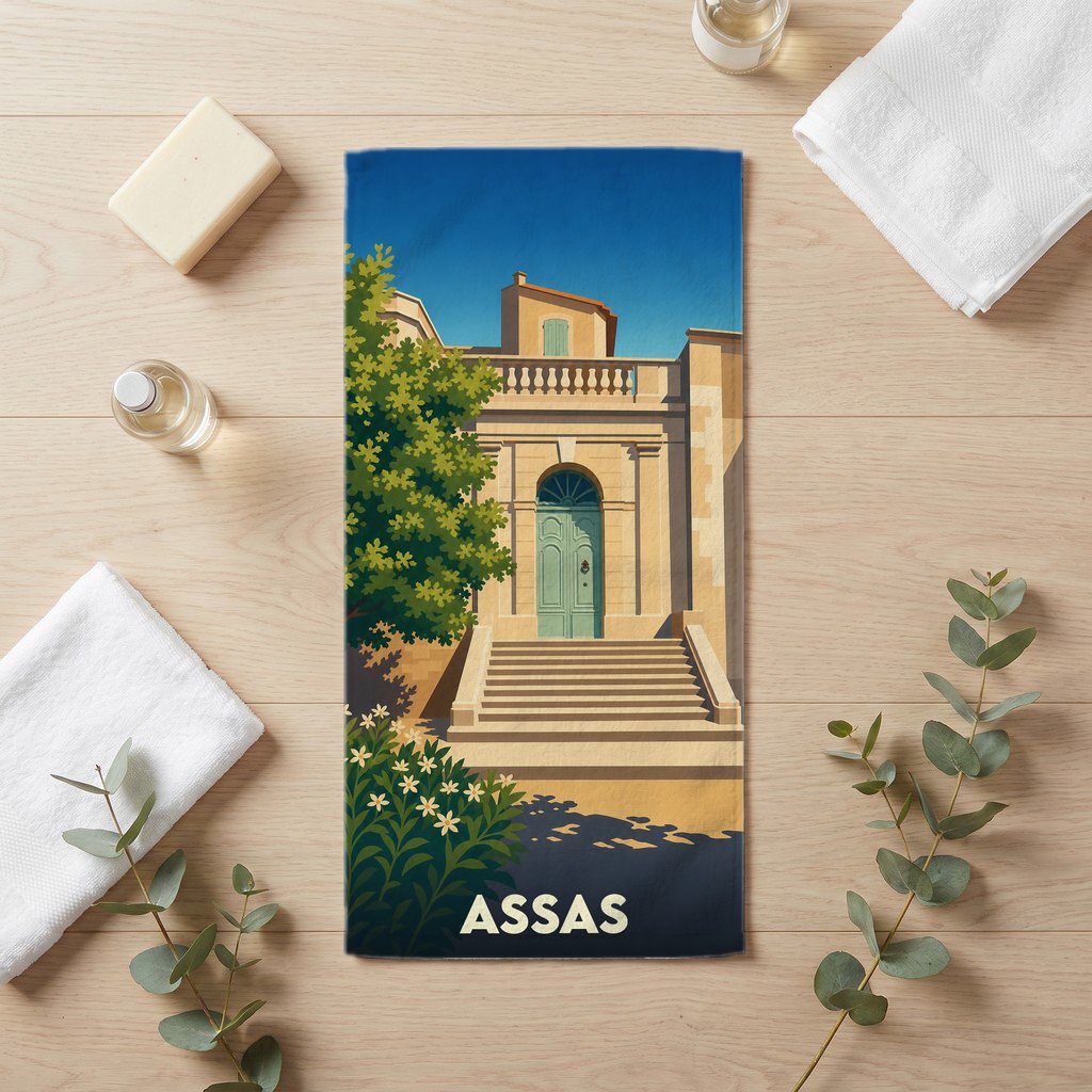 Serviette de bain souvenir de la ville d'Assas avec une illustration stylisée d'un château ensoleillé.