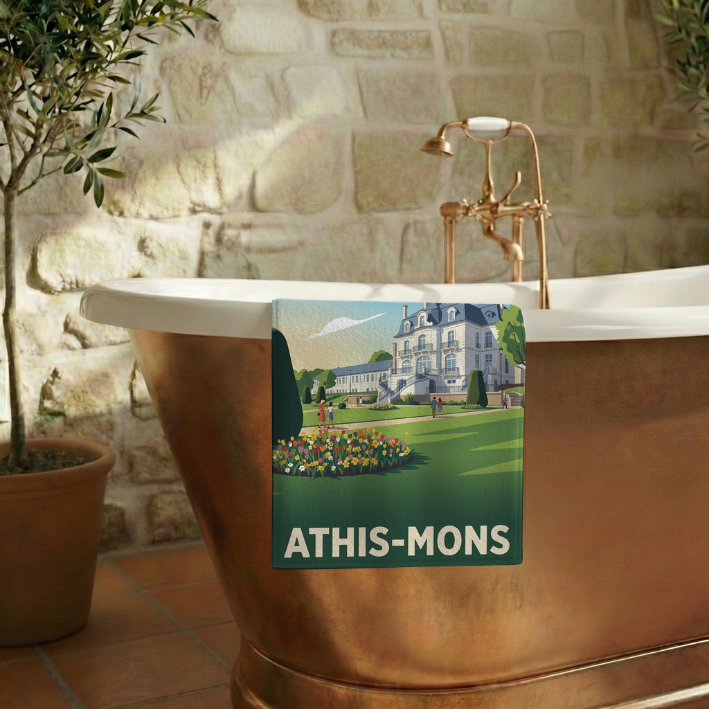 Serviette de bain souvenir de la ville d'Athis-Mons avec une illustration stylisée.
