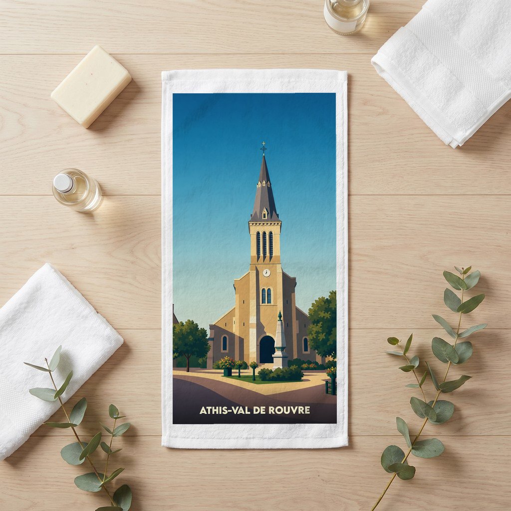 Serviette de bain souvenir de la ville d'Athis-Val de Rouvre avec une illustration stylisée de son église.