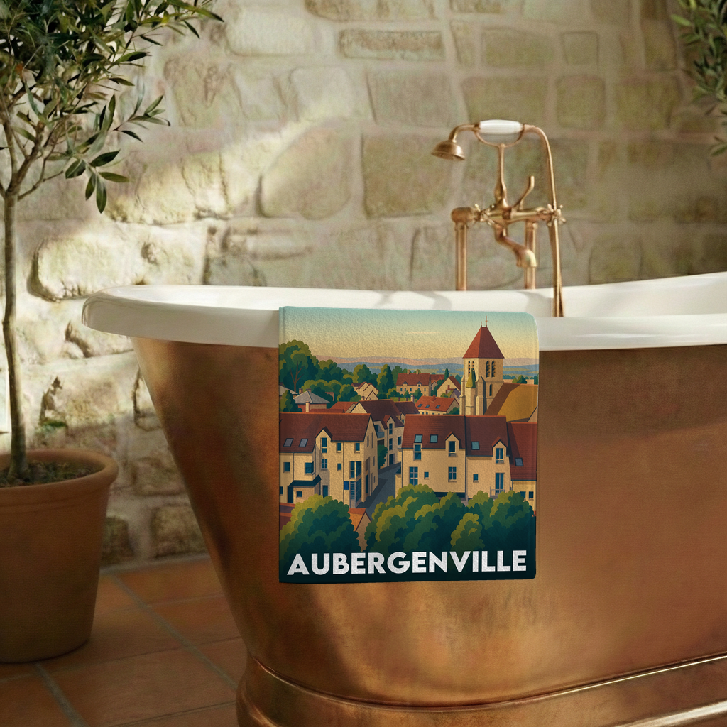 Serviette de bain souvenir de la ville de Aubergenville avec une illustration stylisée.