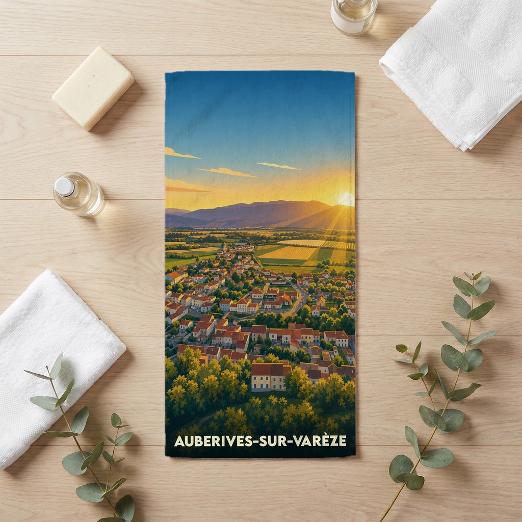 Serviette de bain souvenir de la ville d'Auberives-sur-Varèze avec une illustration stylisée d'un coucher de soleil sur le village.