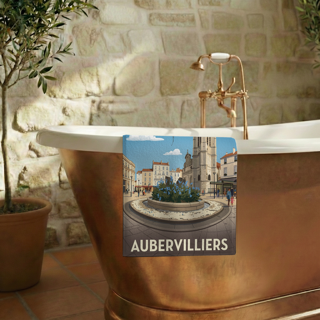 Serviette de bain souvenir de la ville d'Aubervilliers avec une illustration stylisée.