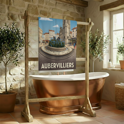 Serviette de bain souvenir de la ville d'Aubervilliers avec une illustration stylisée.