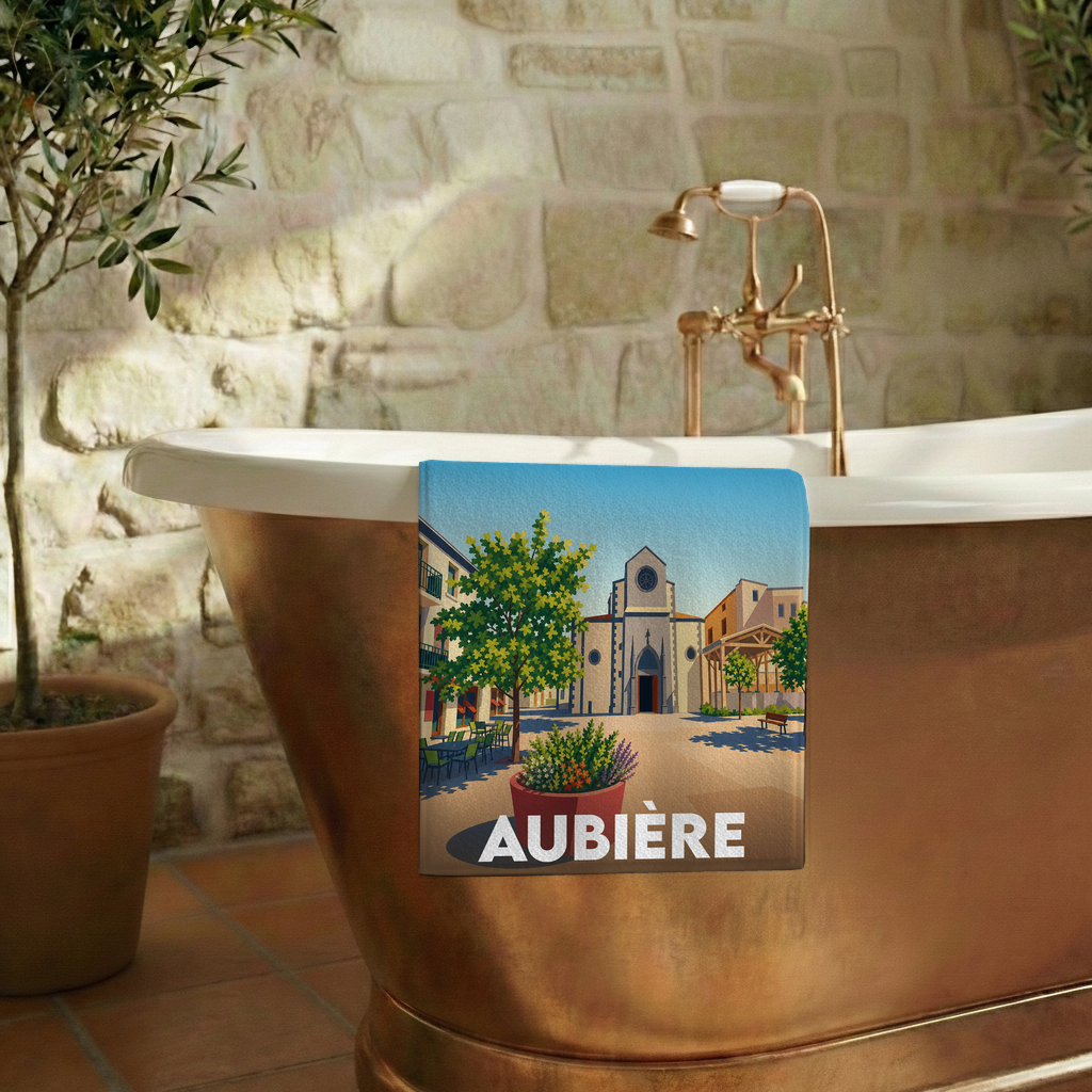 Serviette de bain souvenir de la ville d’Aubière avec une illustration stylisée.