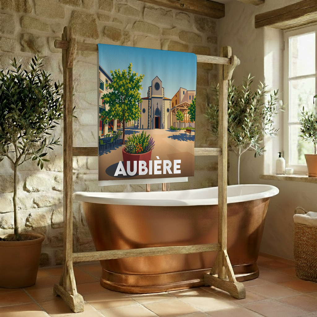 Serviette de bain souvenir de la ville d'Aubière avec une illustration stylisée.