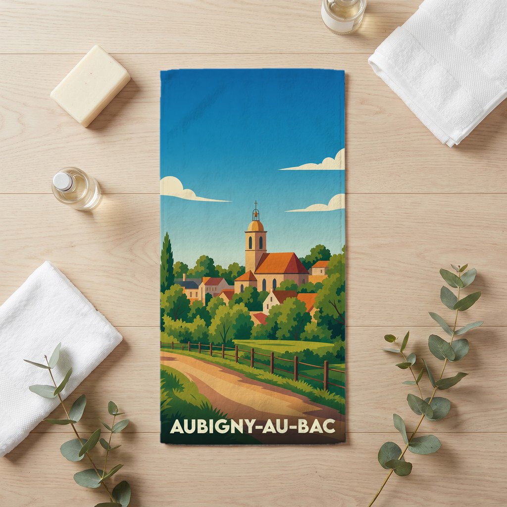Serviette de bain souvenir de la ville d'Aubigny-au-Bac avec une illustration stylisée.