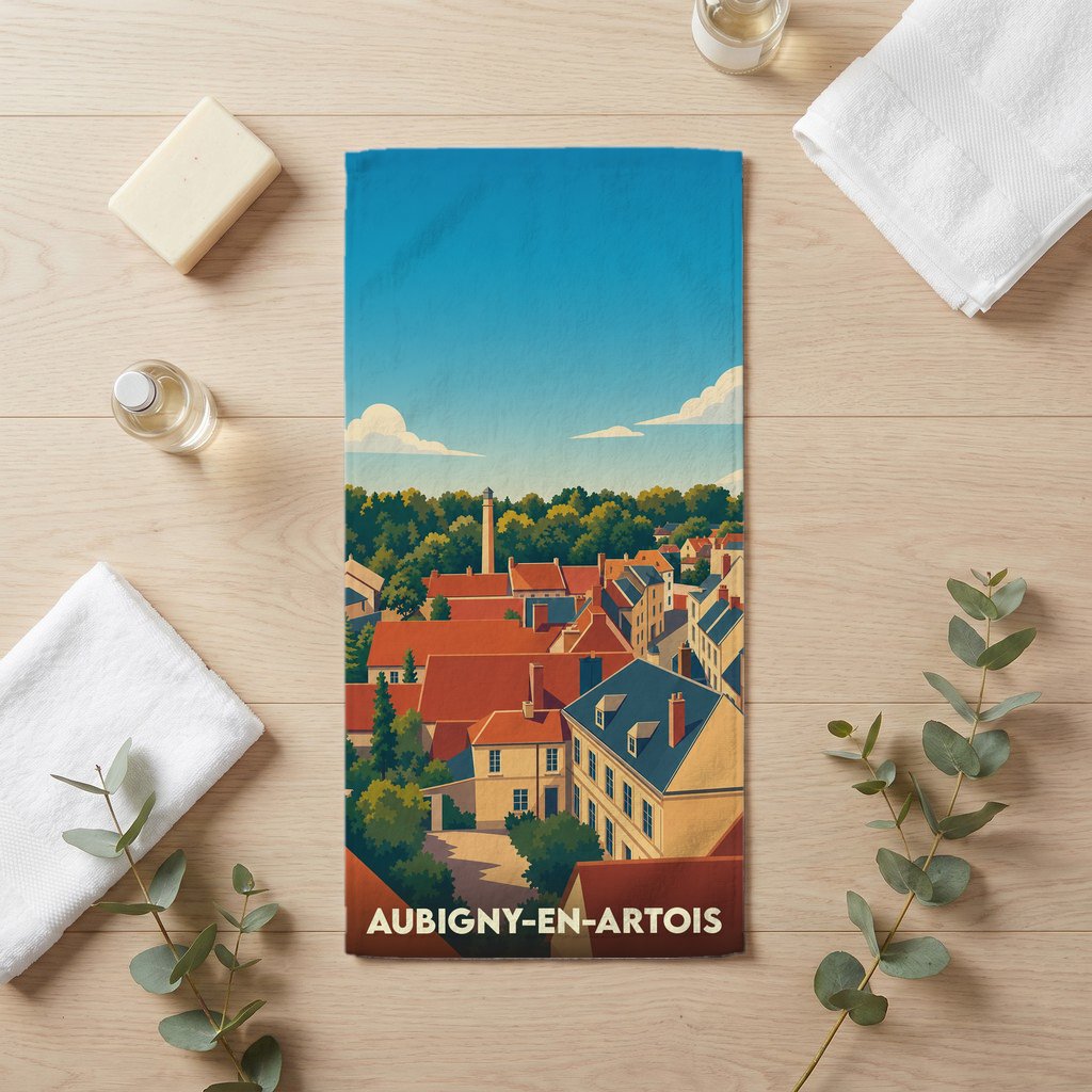 Serviette de bain souvenir de la ville d'Aubigny-en-Artois avec une illustration stylisée.