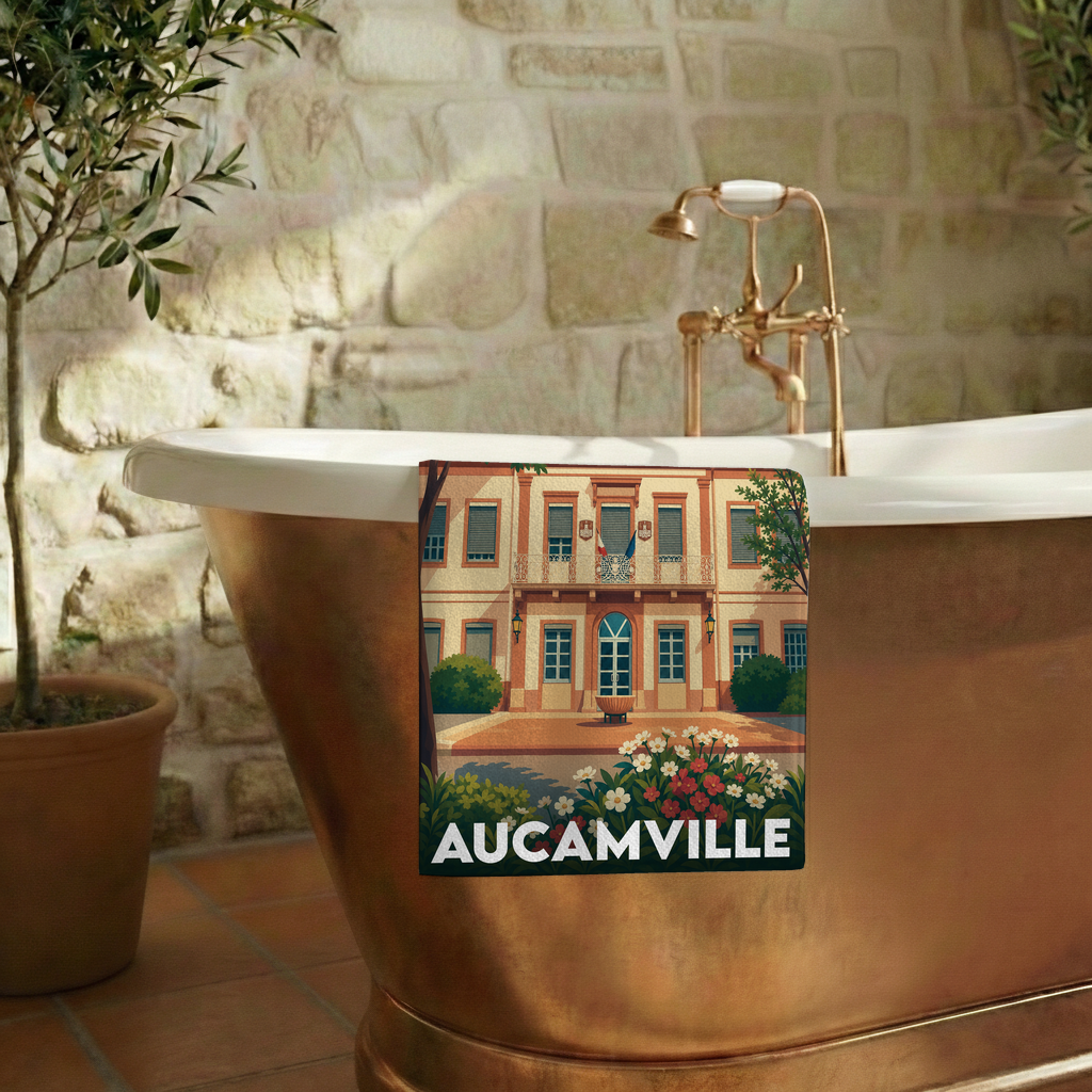 Serviette de bain souvenir de la ville d'Aucamville avec une illustration stylisée de sa mairie.
