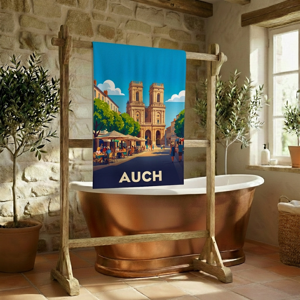 Serviette de bain souvenir de la ville de Auch avec une illustration stylisée.