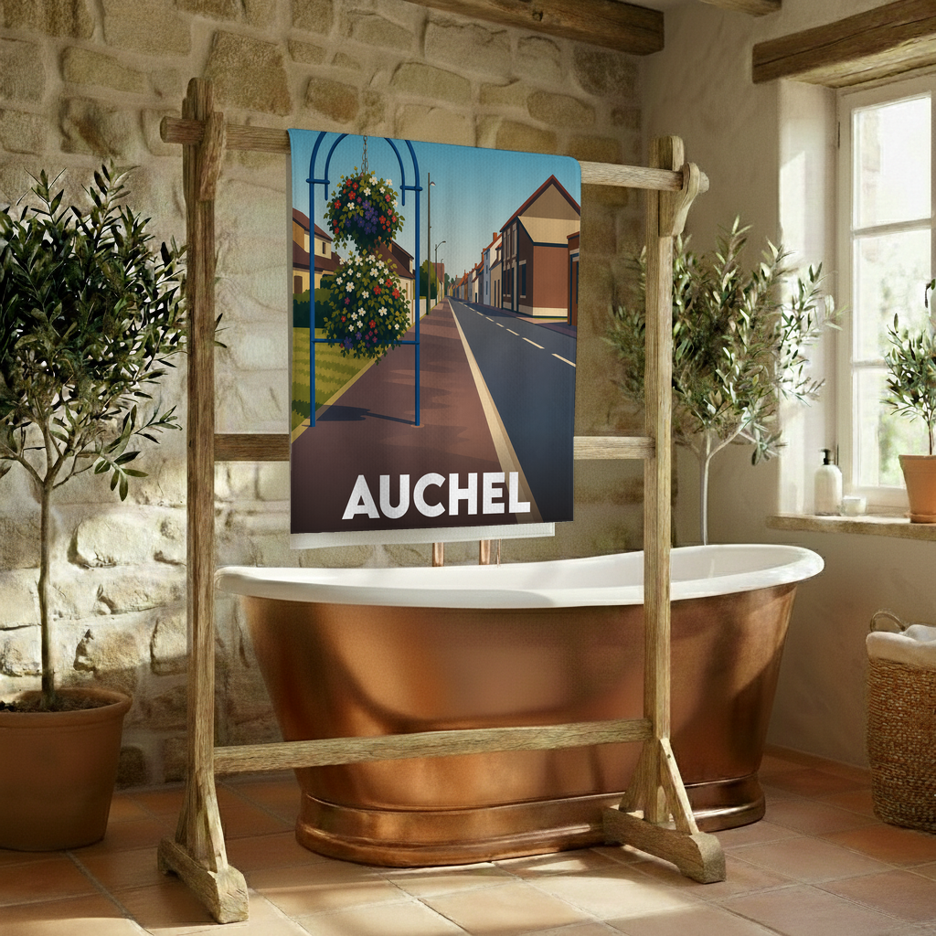Serviette de bain souvenir de la ville d'Auchel avec une illustration stylisée.