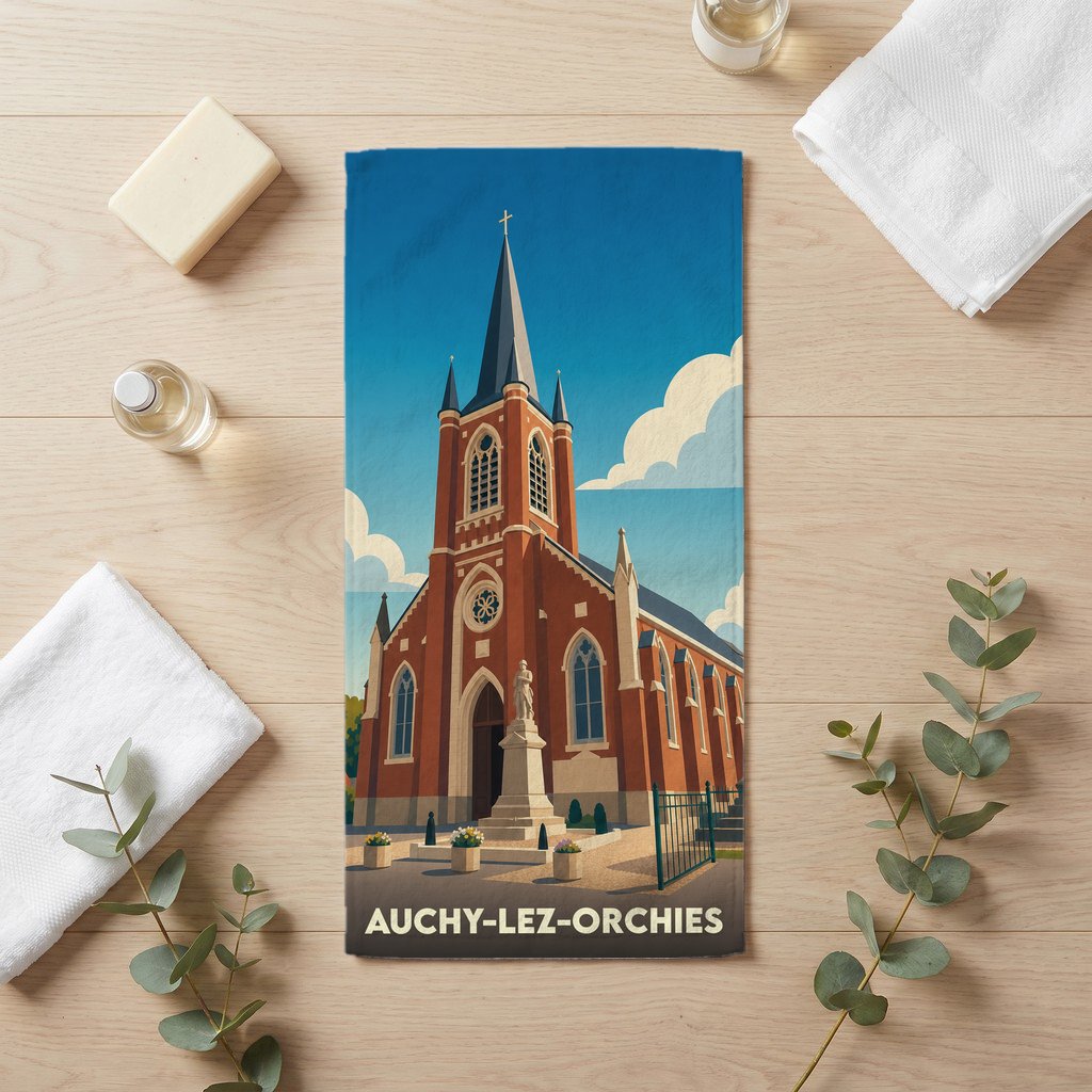 Serviette de bain souvenir de la ville d'Auchy-lez-Orchies avec une illustration stylisée de son église.