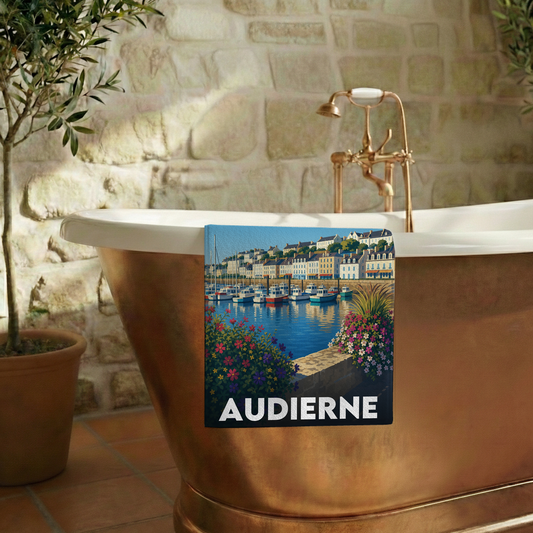 Serviette de bain souvenir de la ville d'Audierne avec une illustration stylisée.