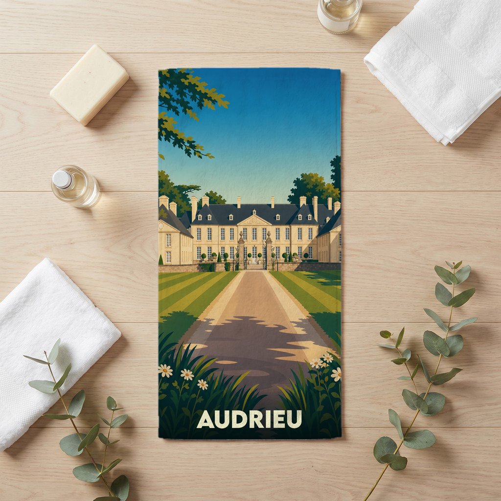 Serviette de bain souvenir de la ville d'Audrieu avec une illustration stylisée de son château.