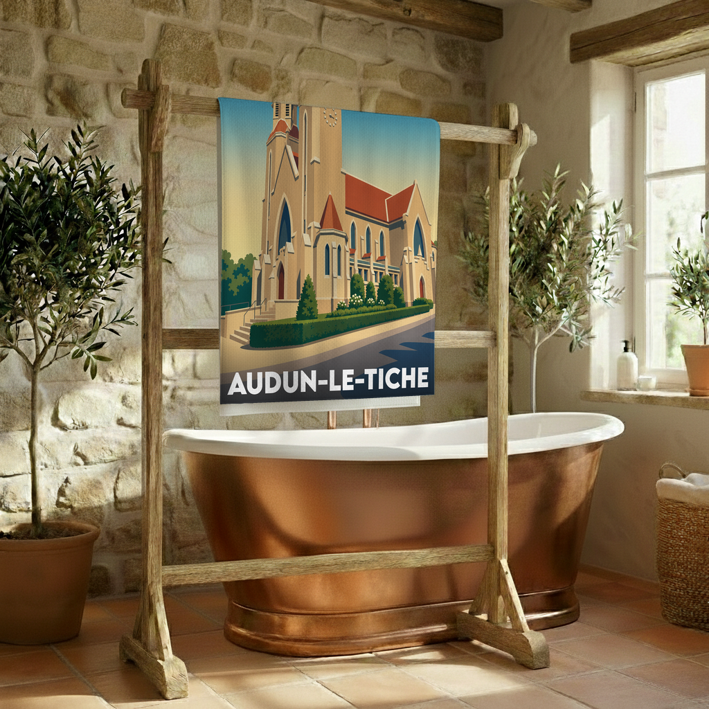 Serviette de bain souvenir de la ville d'Audun-le-Tiche avec une illustration stylisée de son église.