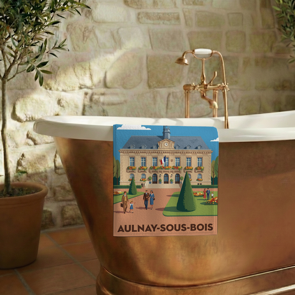 Serviette de bain souvenir de la ville d'Aulnay-sous-Bois avec une illustration stylisée de sa mairie.
