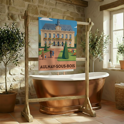 Serviette de bain souvenir de la ville d'Aulnay-sous-Bois avec une illustration stylisée.