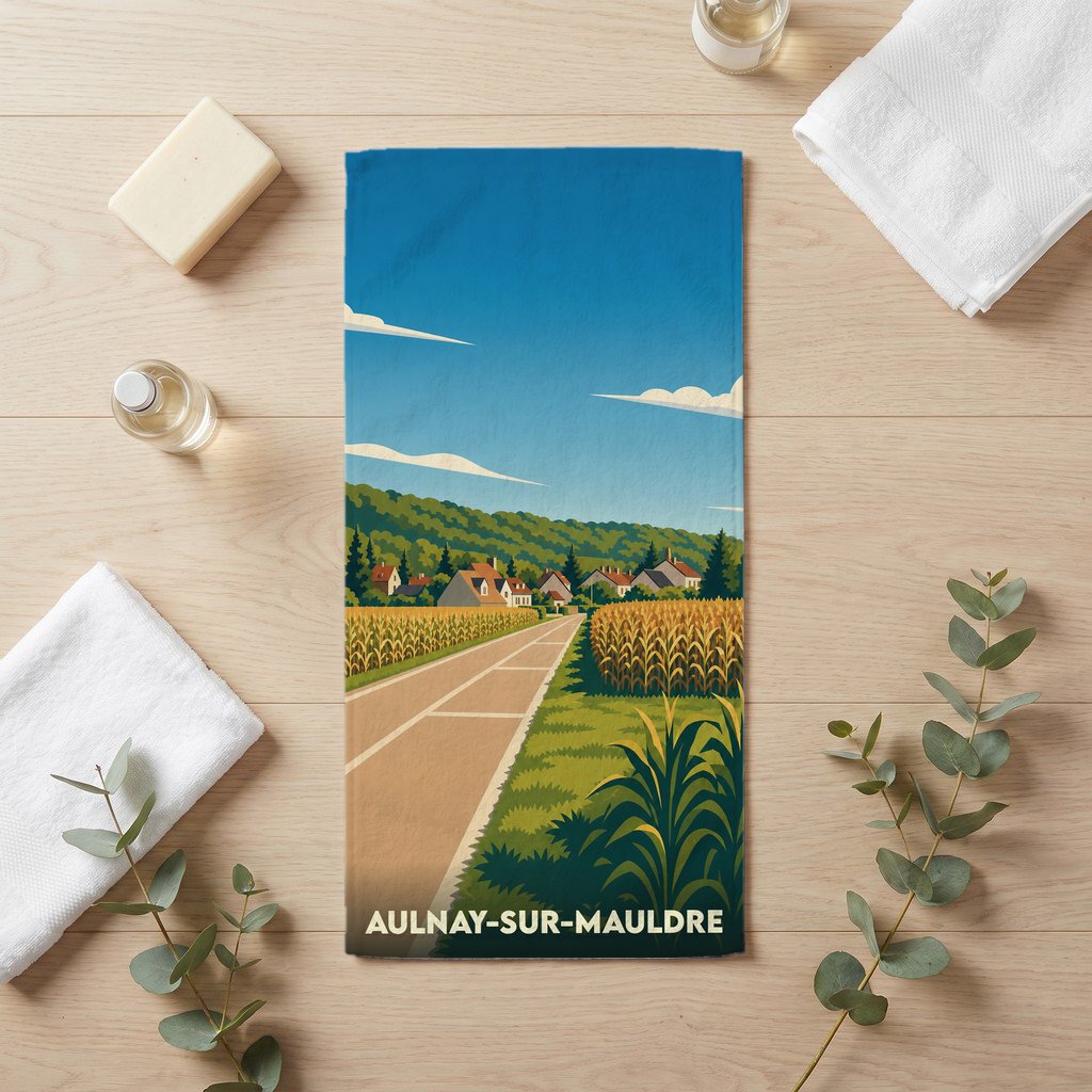 Serviette de bain souvenir de la ville de Aulnay-sur-Mauldre avec une illustration stylisée d'un paysage champêtre.