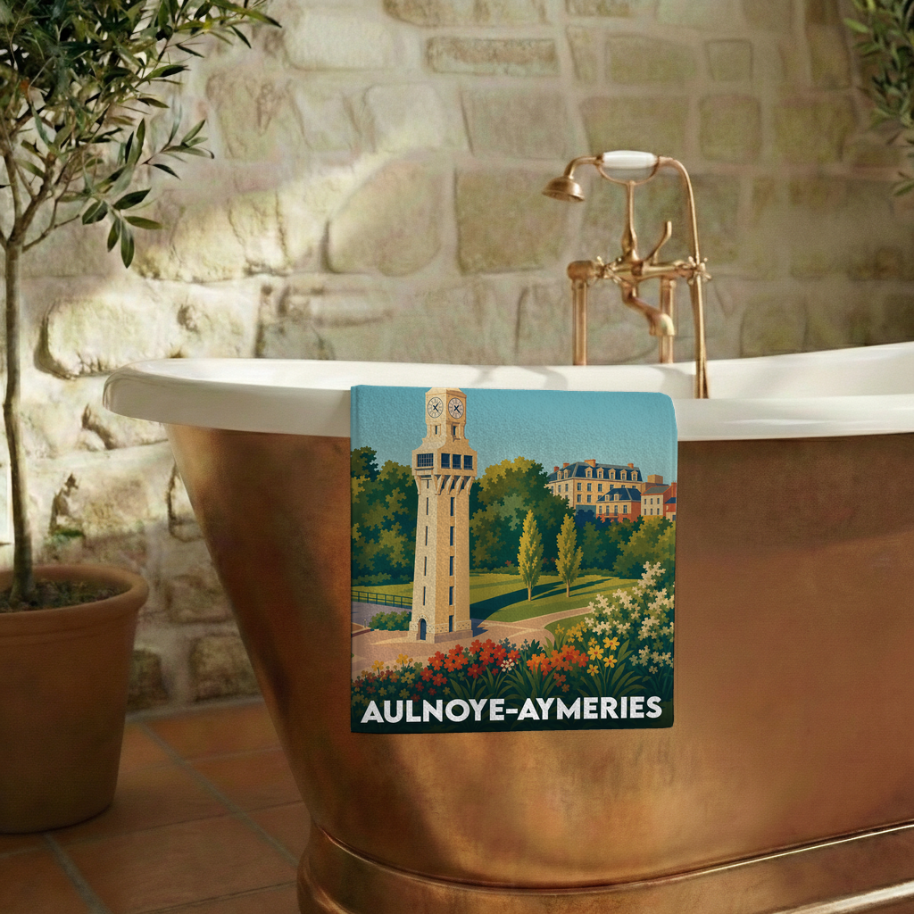 Serviette de bain souvenir de la ville de Aulnoye-Aymeries avec une illustration stylisée d'un monument et de jardins.