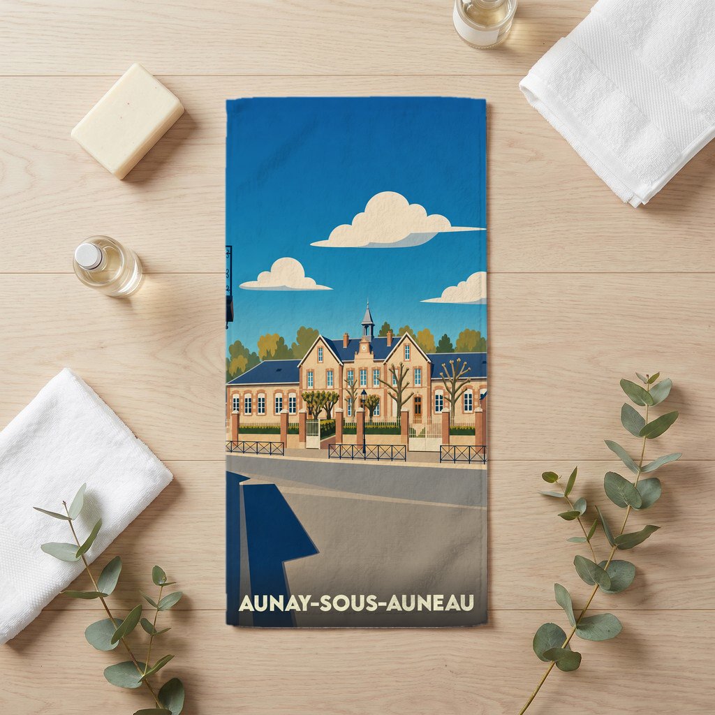 Serviette de bain souvenir de la ville d'Aunay-sous-Auneau avec une illustration stylisée.