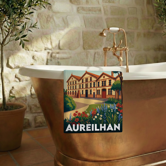 Serviette de bain souvenir de la ville d'Aureilhan avec une illustration stylisée.