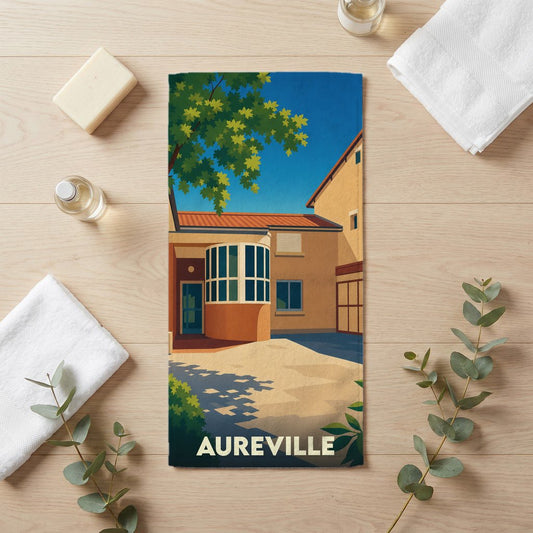 Serviette de bain souvenir de la ville d'Aureville avec une illustration stylisée.