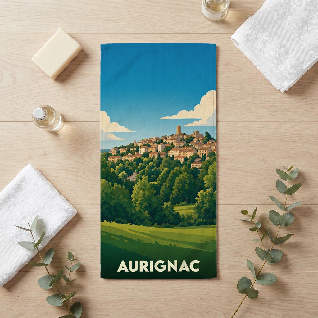 Serviette de bain souvenir de la ville d'Aurignac avec une illustration stylisée.