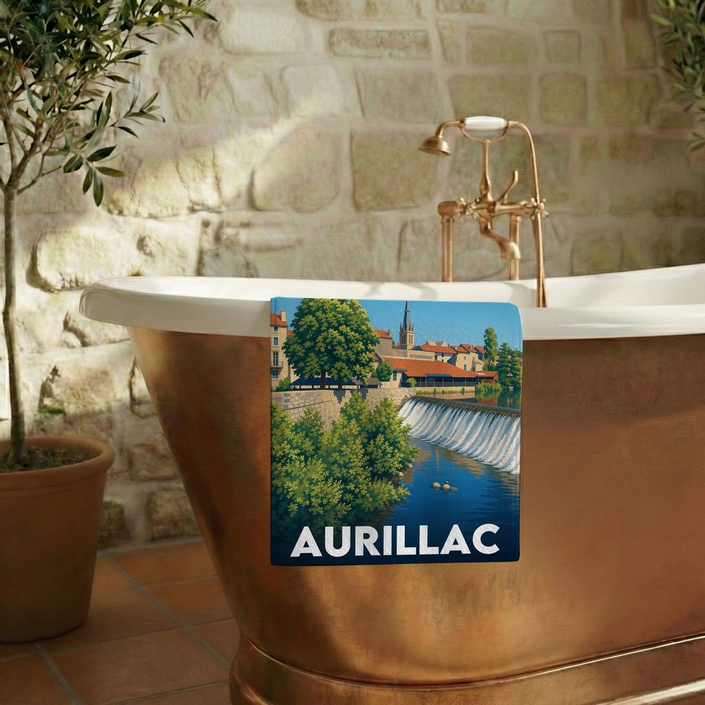 Serviette de bain souvenir de la ville d'Aurillac avec une illustration stylisée.