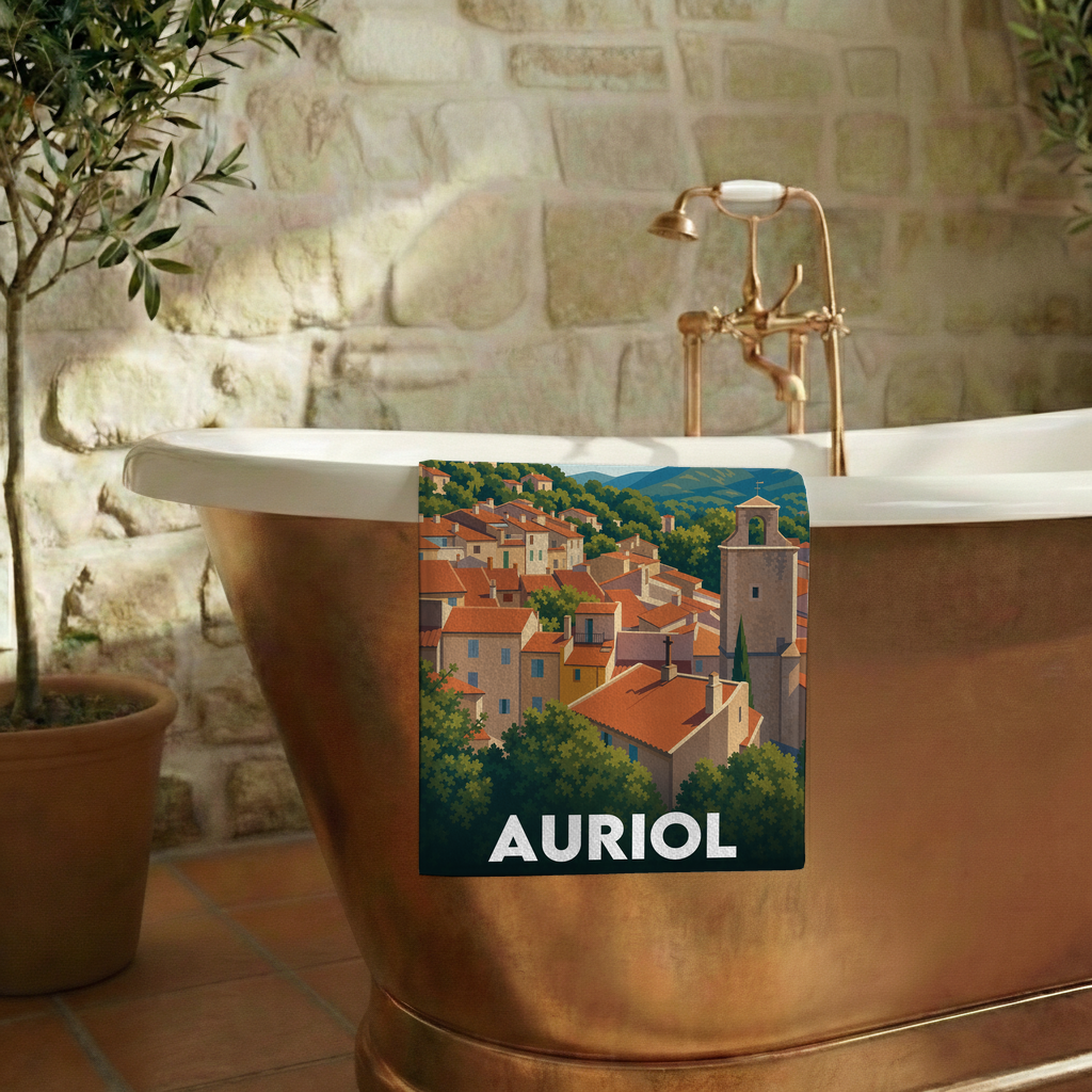Serviette de bain souvenir de la ville d'Auriol avec une illustration stylisée.