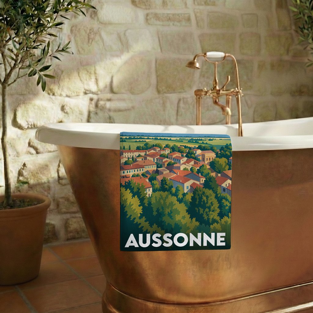 Serviette de bain souvenir de la ville d'Aussonne avec une illustration stylisée de ses paysages.