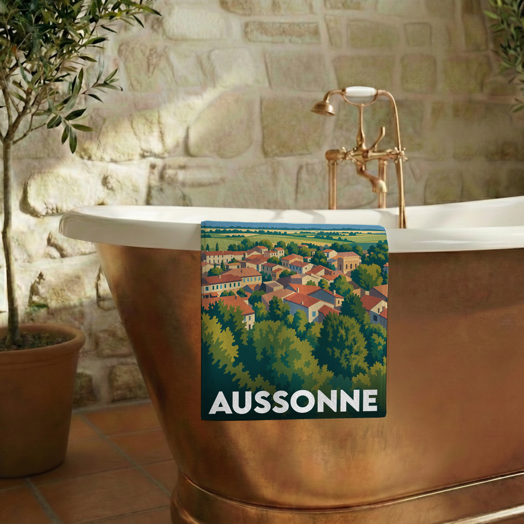 Serviette de bain souvenir de la ville de Aussonne avec une illustration stylisée d'un paysage urbain.