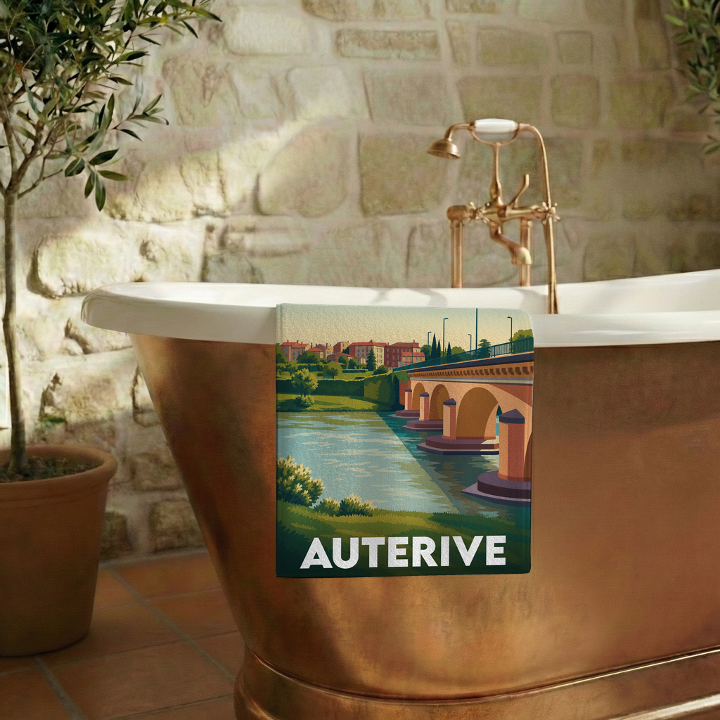 Serviette de bain souvenir de la ville d'Auterive avec une illustration stylisée de son pont.
