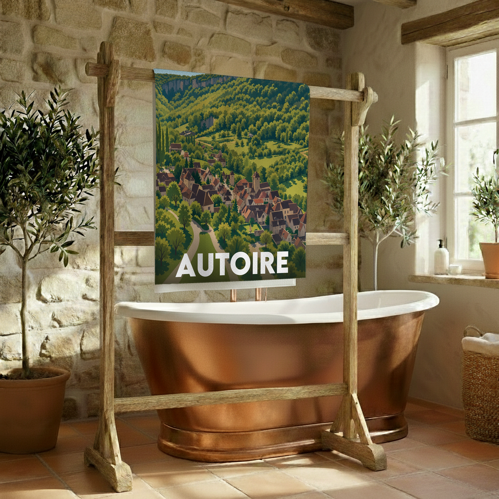 Serviette de bain souvenir de la ville d'Autoire avec une illustration stylisée du village.