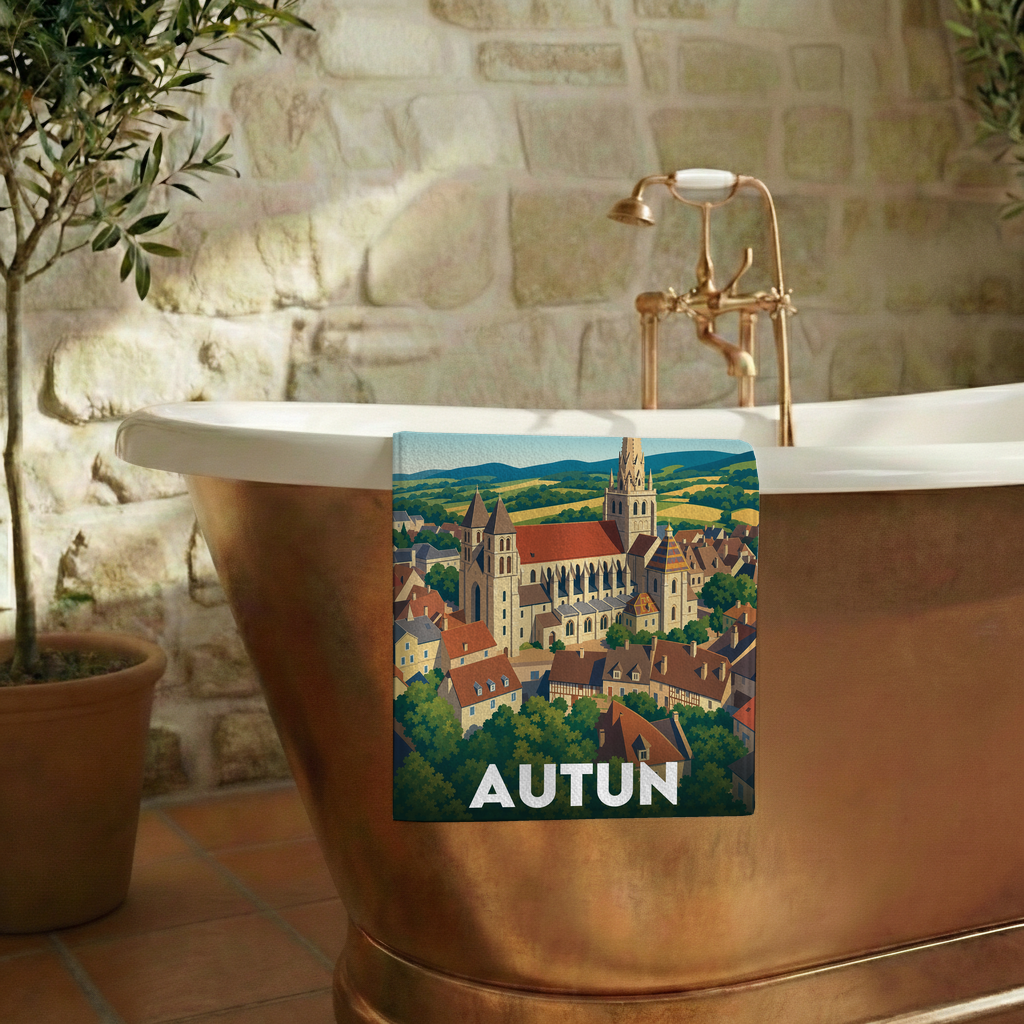 Serviette de bain souvenir de la ville d'Autun avec une illustration stylisée.