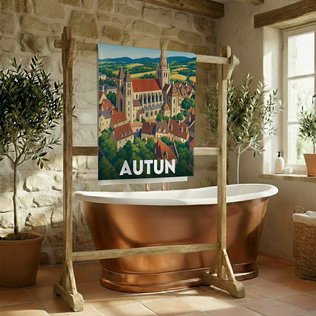 Serviette de bain souvenir de la ville d'Autun avec une illustration stylisée.