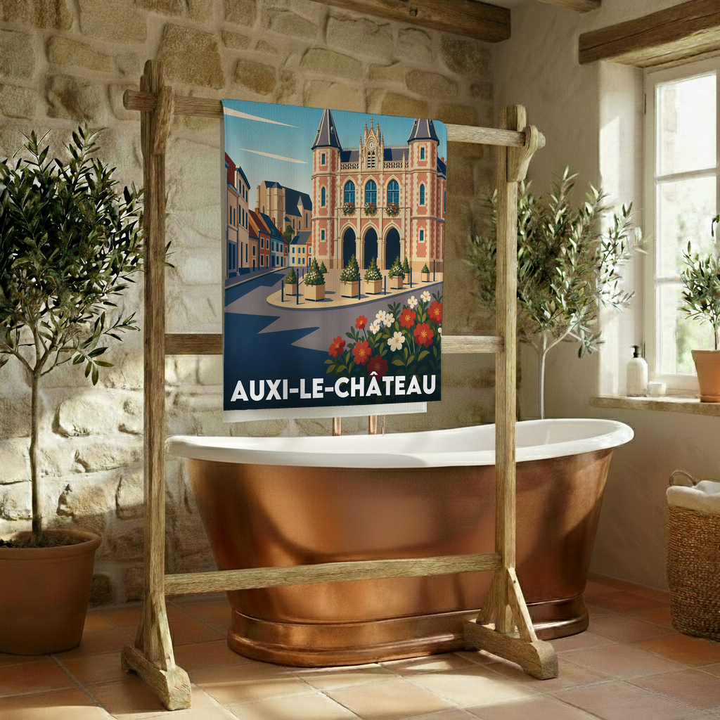 Serviette de bain souvenir de la ville de Auxi-le-Château avec une illustration stylisée.