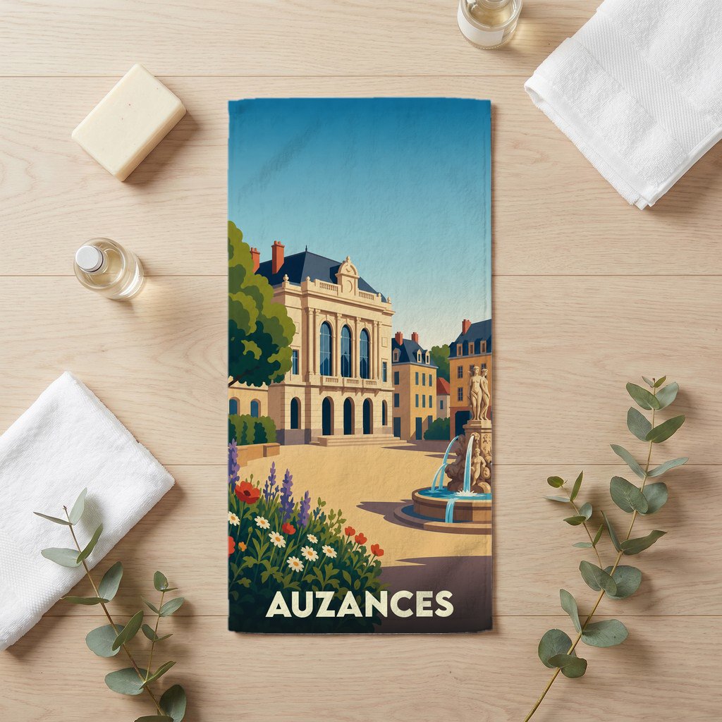 Serviette de bain souvenir de la ville d'Auzances avec une illustration stylisée d'une place ensoleillée et sa fontaine.