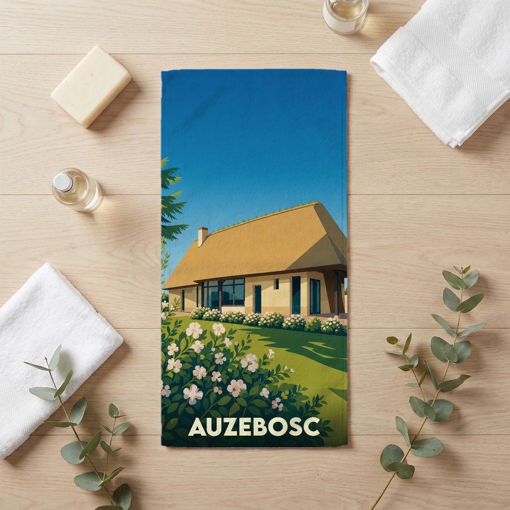 Serviette de bain souvenir de la ville de Auzebosc avec une illustration stylisée d'une maison traditionnelle.