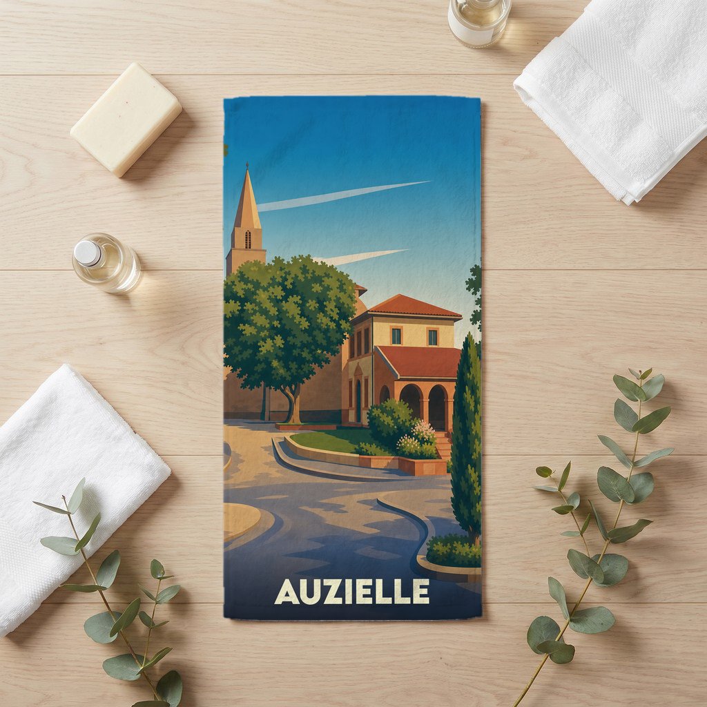 Serviette de bain souvenir de la ville d'Auzielle avec une illustration stylisée.