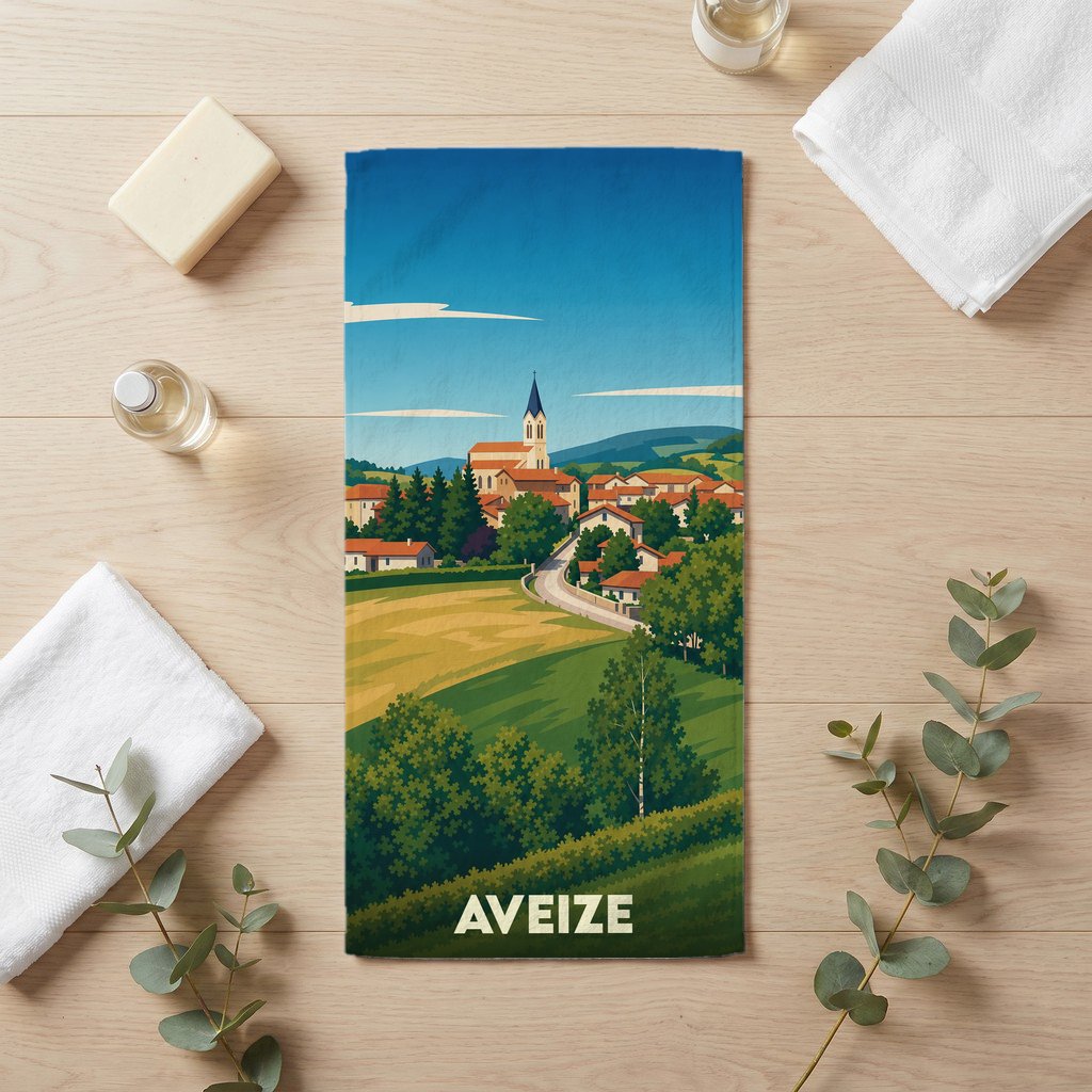 Serviette de bain souvenir de la ville d'Aveize avec une illustration stylisée de son paysage vallonné.