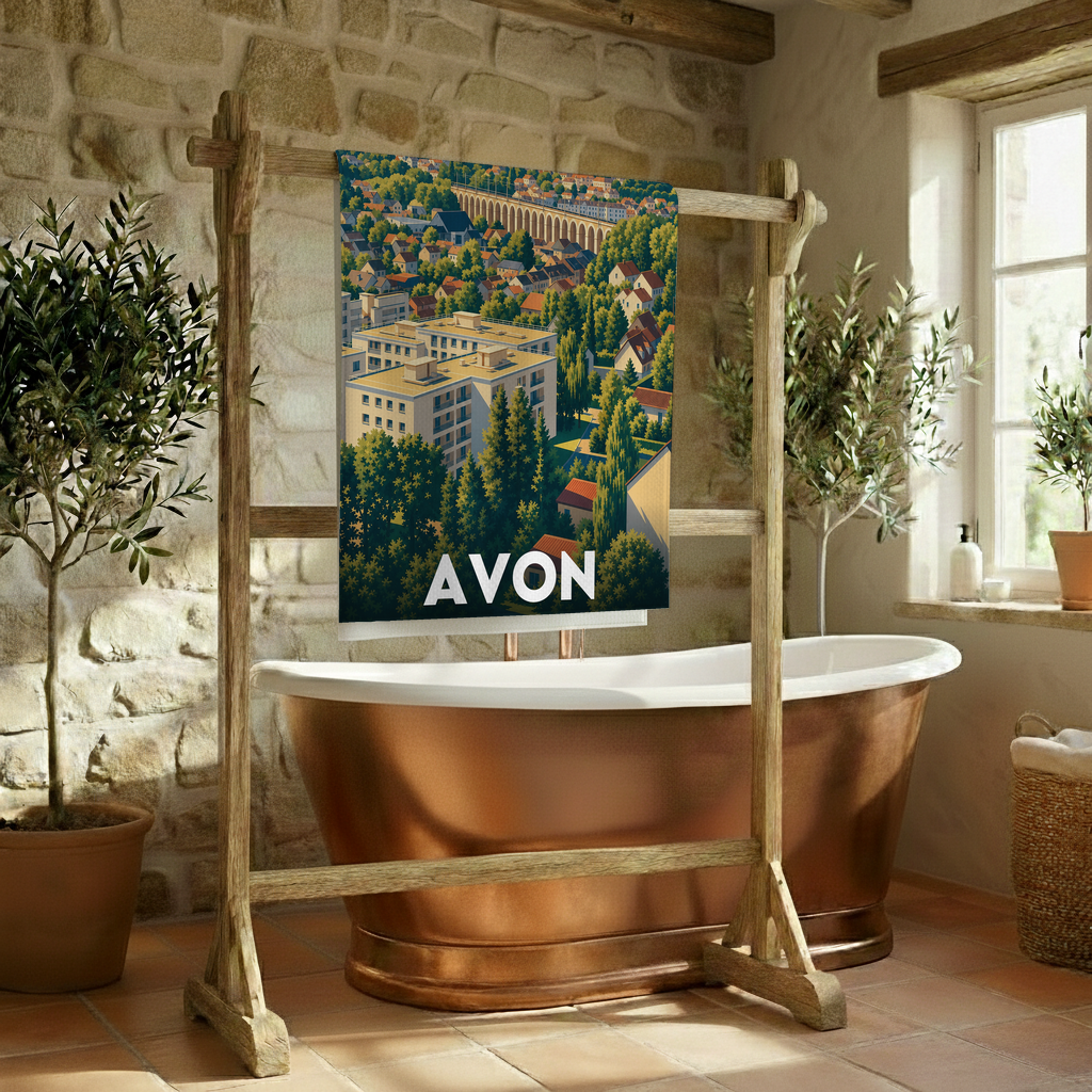 Serviette de bain souvenir de la ville de Avon avec une illustration stylisée.