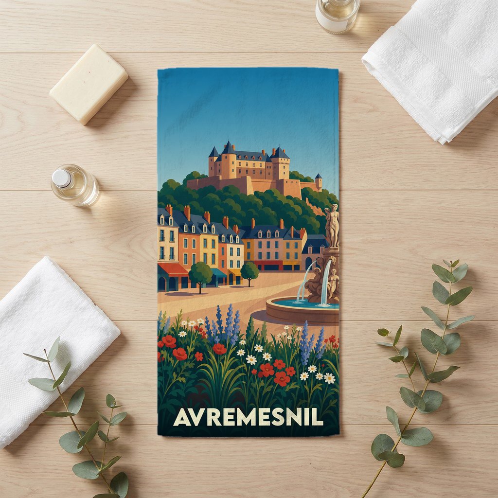 Serviette de bain souvenir de la ville d'Avremesnil avec une illustration stylisée d'un château surplombant une place fleurie.